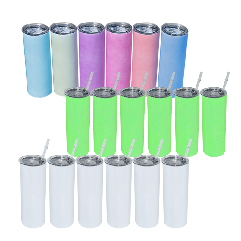 20oz 20 oz uv coloring changing glow in dark white blanks straight skinny sublimation tumbler mugs cup with lid and straw