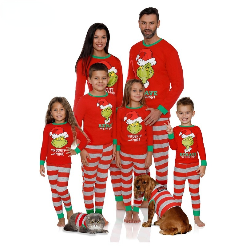 Custom logo Green and red stripe cotton christmas pajamas