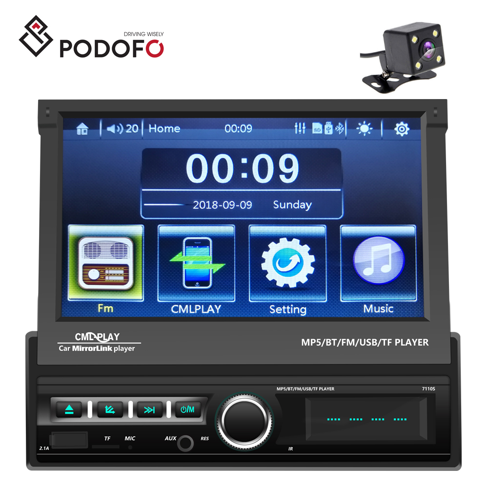 Podofo 1Din стерео 7 ''Автомобильный видео выдвижной экран MP5 плеер USB/TF/ FM/BT/телефонная связь + 4LED камера заднего вида