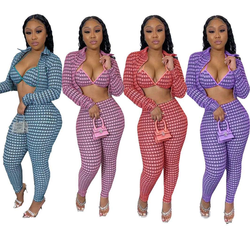Newest Design Fall New Women Clothing Plaid Long Sleeve Bra Pants Tracksuit 3 Piece workout Set Outfits 3 Piece Jogger Set
