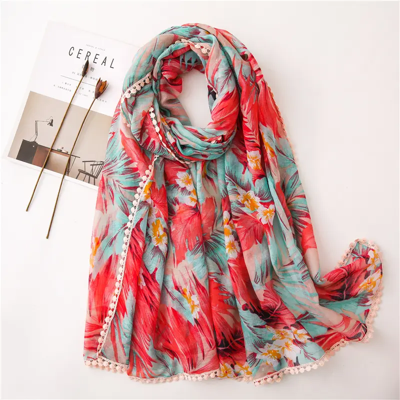 Оптовая продажа, Женский хиджаб с цветочным принтом на заказ, льняной хлопковый шарф с кисточкой