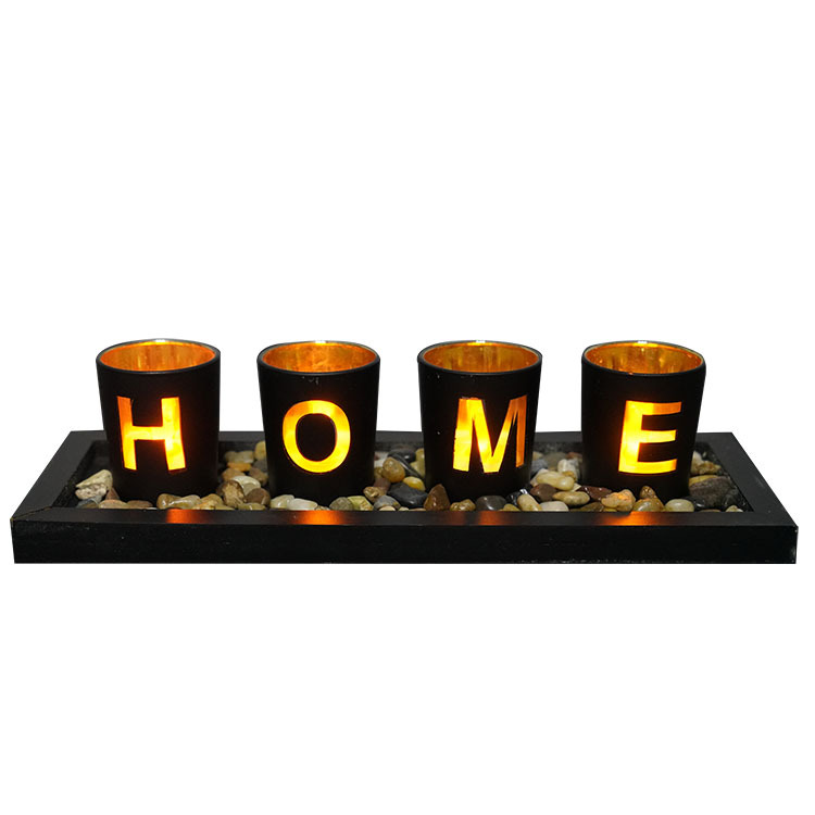 Home Ornaments Letter Leaf Pattern Candlestick Wood Glass Candlestick Holders JE-066
