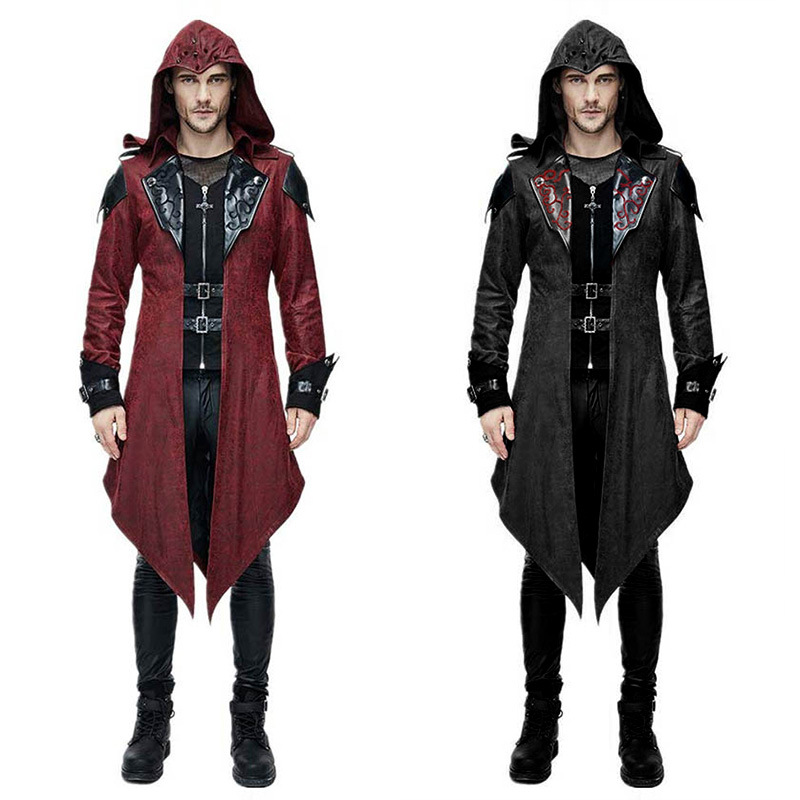 Mens Trench Coat Leather Hooded Medieval Gothic Renaissance Retro Punk Assassin Creed Long Sleeve Jackets coldker