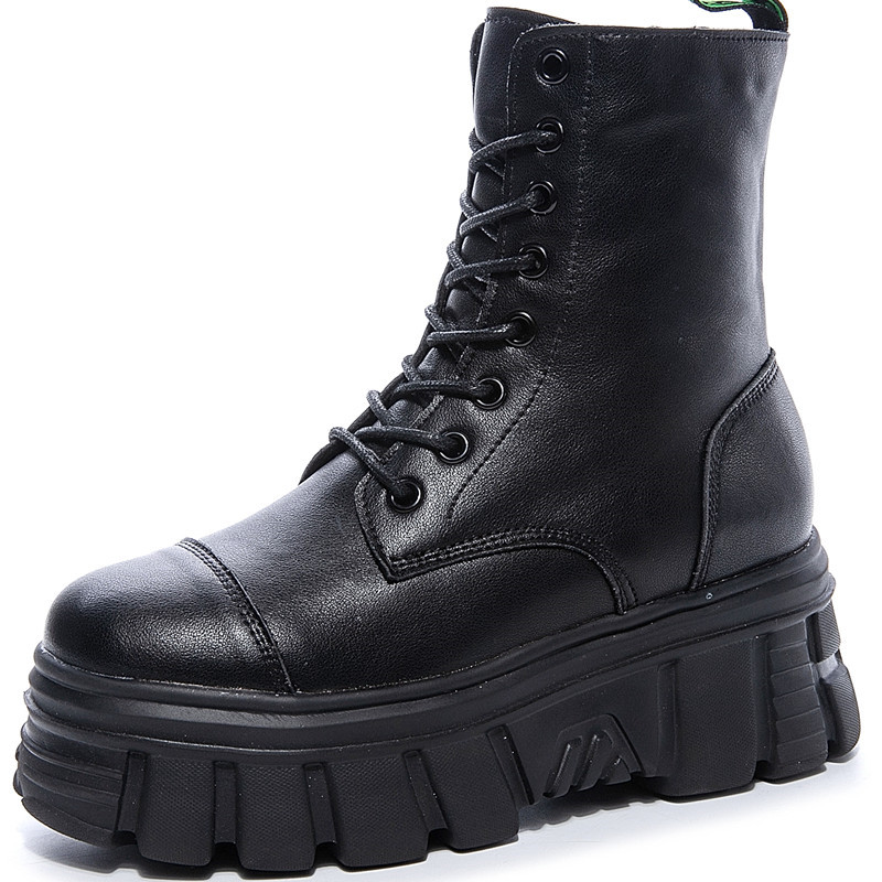 Genuine Leather Boots Women Fashion Boots Platform Women Autumn Black Motorcycle Boots Waterproof Thick Heel Shoes