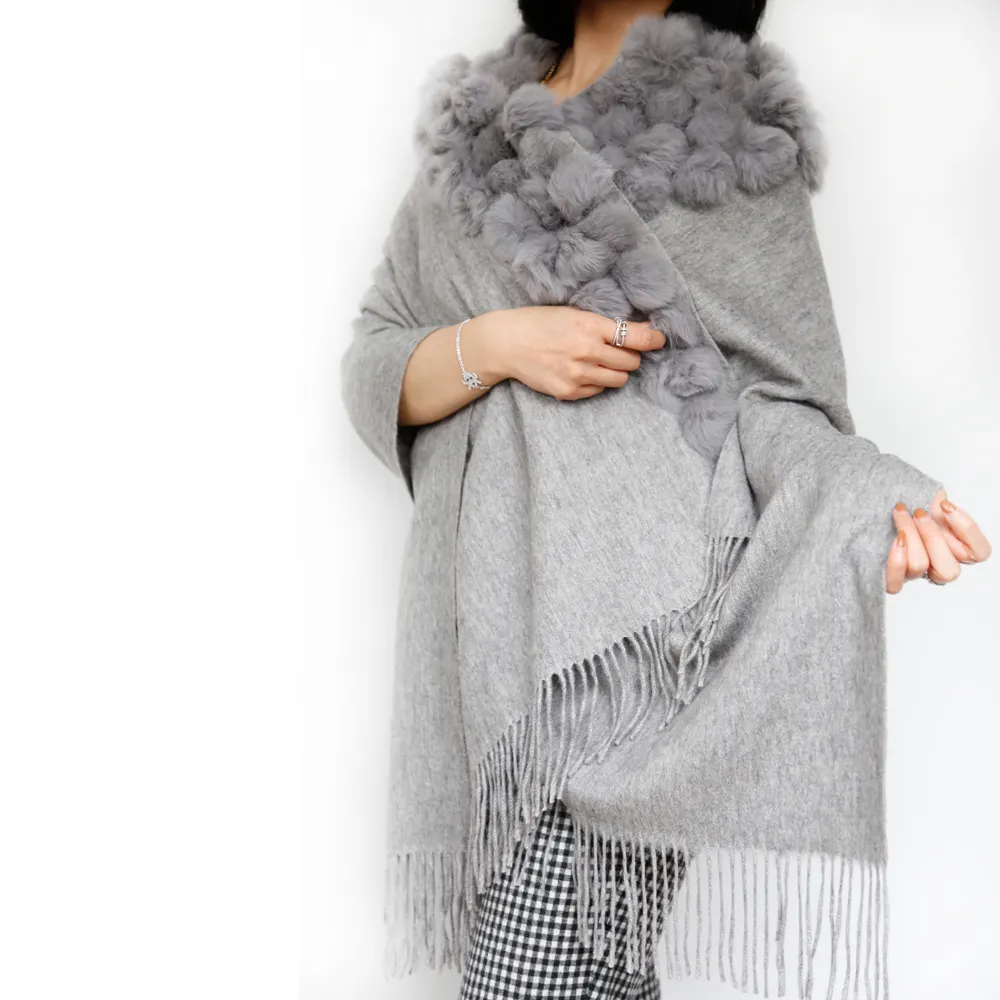 Hot Sale Long Style Plain Color Women Winter Cashmere Shawl With Rabbit Fur Pompom