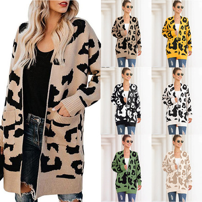 Womens Fuzzy Leopard Print Cardigan Sweater Open Front Draped Duster Loose Knit Jacket with Pockets