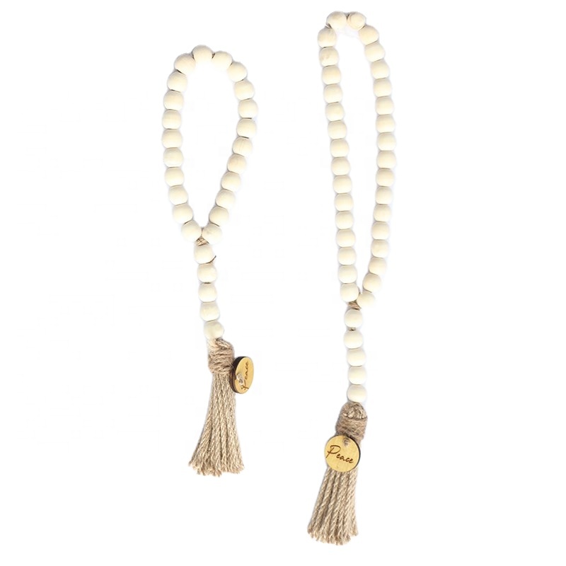 Natural Eco Farmhouse Beads Rustic Country Decor Prayer Beads Wall Hanging Deco Wood Bead Garland with Tassel