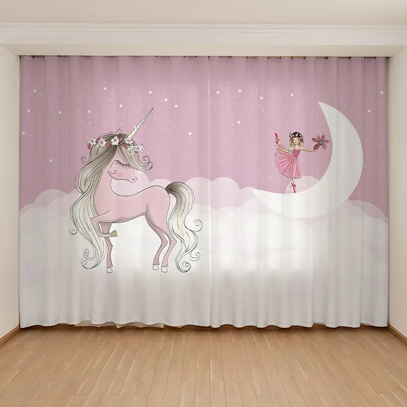 Custom Digital Printed Cute Cartoon Dancing Girl Kids Bedroom Blackout Window Drapes Pink Unicorn Princess Style Decor Curtains