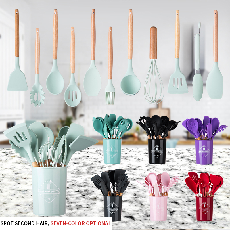 New hot-selling multifunctional baking cake cooking silicone kitchenware set with wooden handle