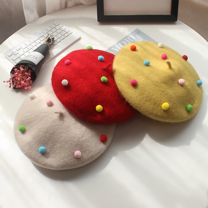 Custom Decorative Plain Wool Fedora Cute Wool felt Red Beret Hat with colorful ball
