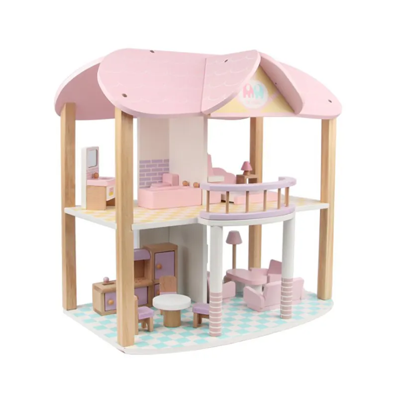 Happy family wooden toys DIY dollhouse with colorful dollhouse furniture toys