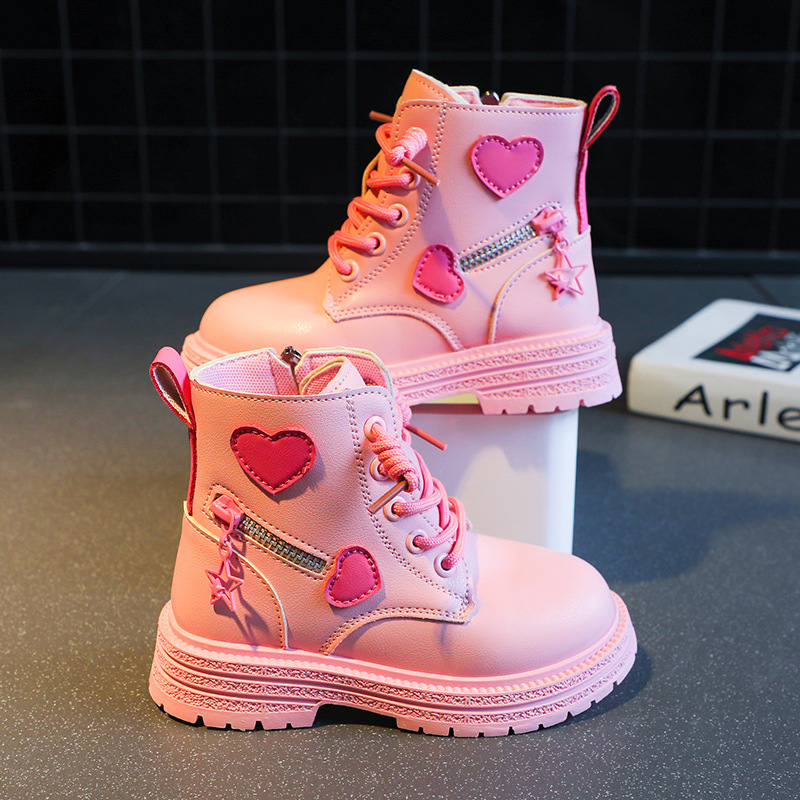 Children Heart Print Shoes Autumn and Winter New Girls Soft Sole Versatile High Sleeve Martin Boots Little Princess Style Shoes