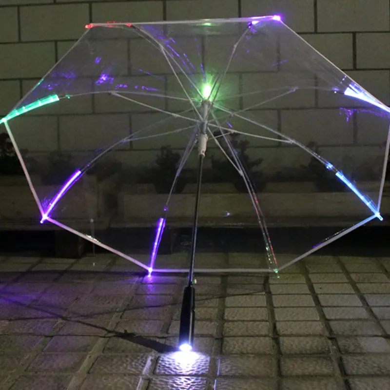RTS clear automatic foldable portable POE colorful led light promotional dome straight transparent umbrellas with button light