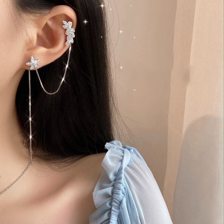 Jewelry Real gold electroplating 925 silver needle flower ear line bone clip earring Korean fashion Tassel Earrings