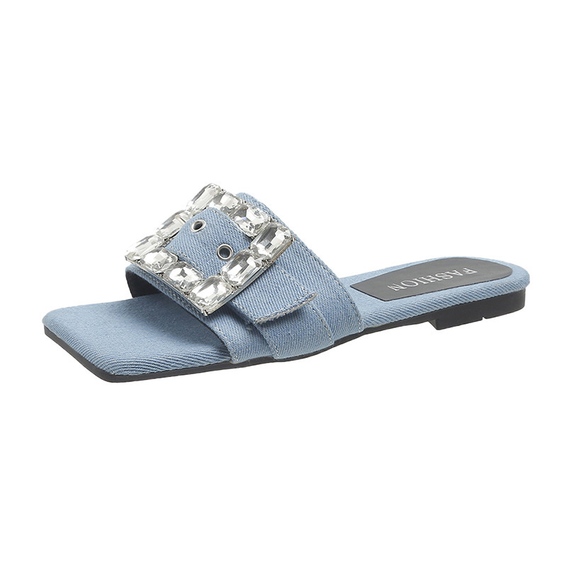 Rhinestone square buckle slippers female summer new net red cowboy French flat bottom outside wear a word rhinestone female