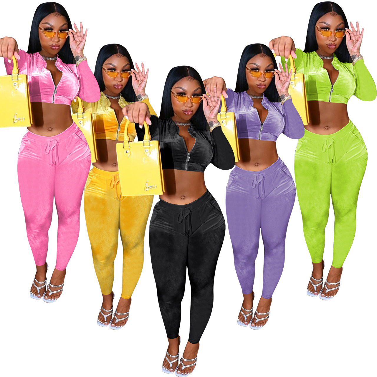 2021 fall long sleeved zipper crop top 2 piece set winter velvet two piece drawstring pants set women