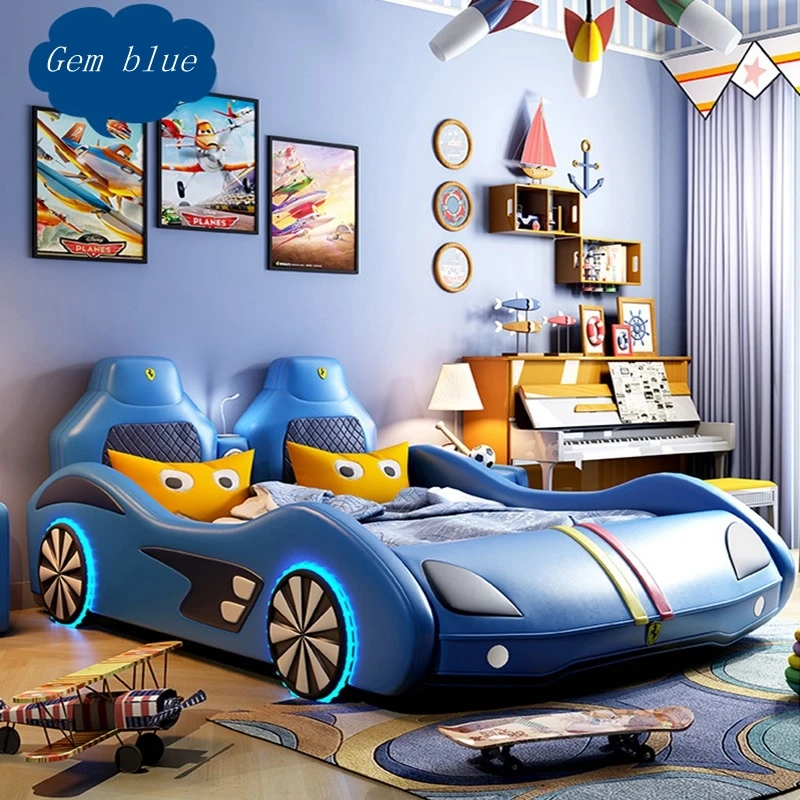1.2m boys and girls cartoon leather Children's car bed with high box Solid wooden with guardrail multifunctional kids beds