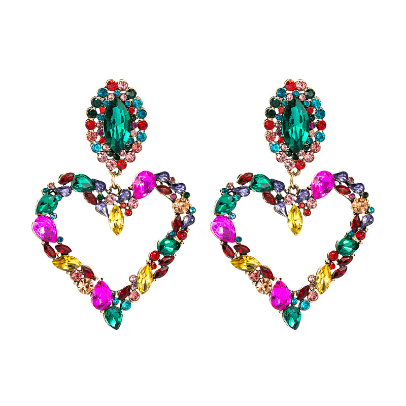 Exaggerated Heart-Shaped Alloy Color Full Diamond Earrings Women Fashion Temperament Earrings S925 Silver Earrings