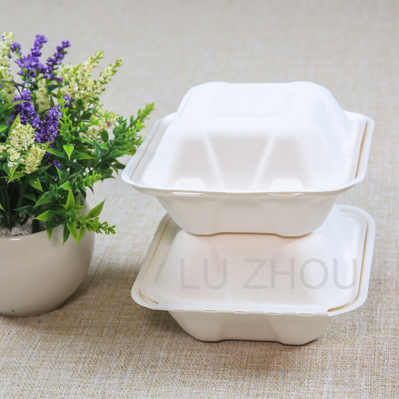 Customized hot selling biodegradable 6 inch sugarcane bagasse pulp hinged burger boxes