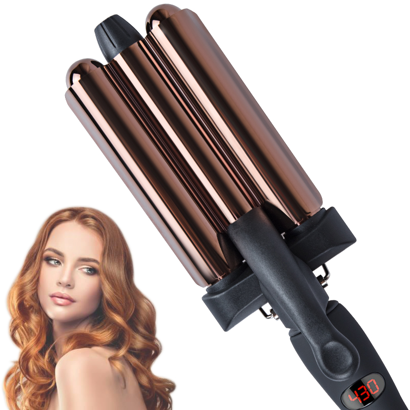 Professional Magic Hair Curler PTC Heater and LCD Temperature Display Curling Iron Pink/Black Three Barrel Deep Waver