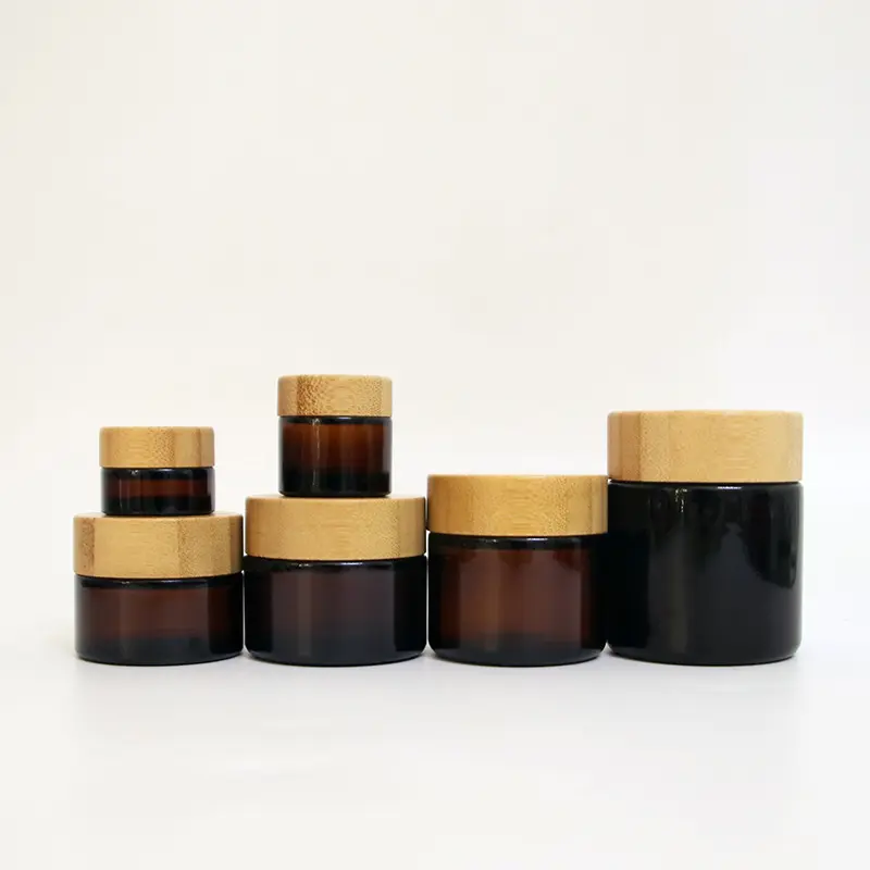 Cosmetic Bamboo Jar 2oz 4oz 150ml 300g Frosted Amber Cosmetic Glass Jar With Bamboo Lids For Skincare Cream Butter