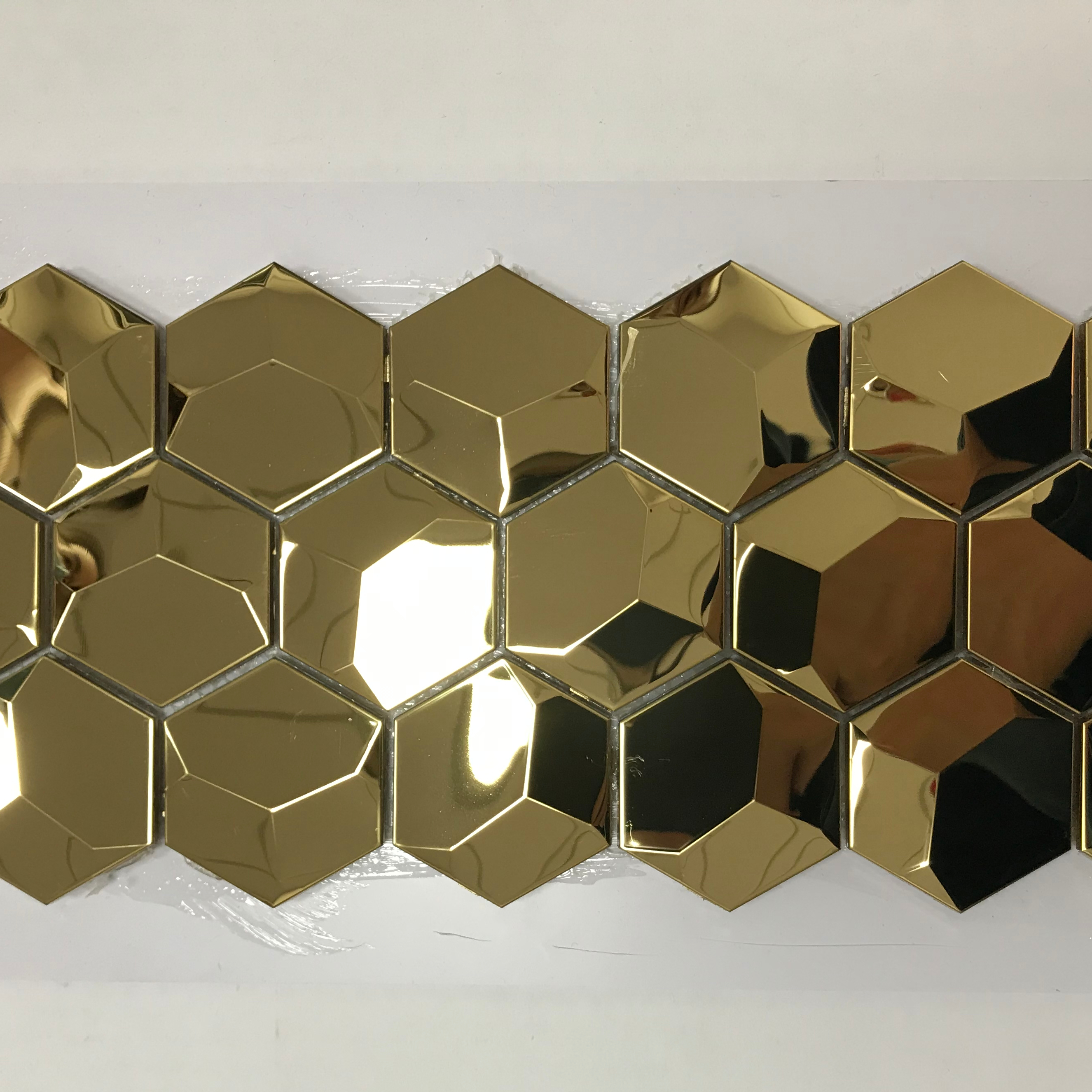 Горячая Распродажа 3D золотая и серебряная зеркальная Шестигранная металлическая мозаичная плитка из нержавеющей стали для настенных панелей