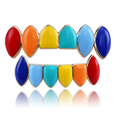 Hip Hop Grillz Men Gold Exotic Cross-Border Punk Colorful Teeth Top Bottom Dental Rapper Rainbow Teeth Grillz Hip Hop Jewelry