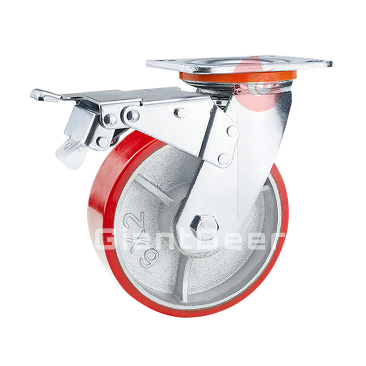 Cheap Price Plate Mounted Castor Wheels Heavy Duty Iron Core Red PU Caster Wheels Industrial with Brake