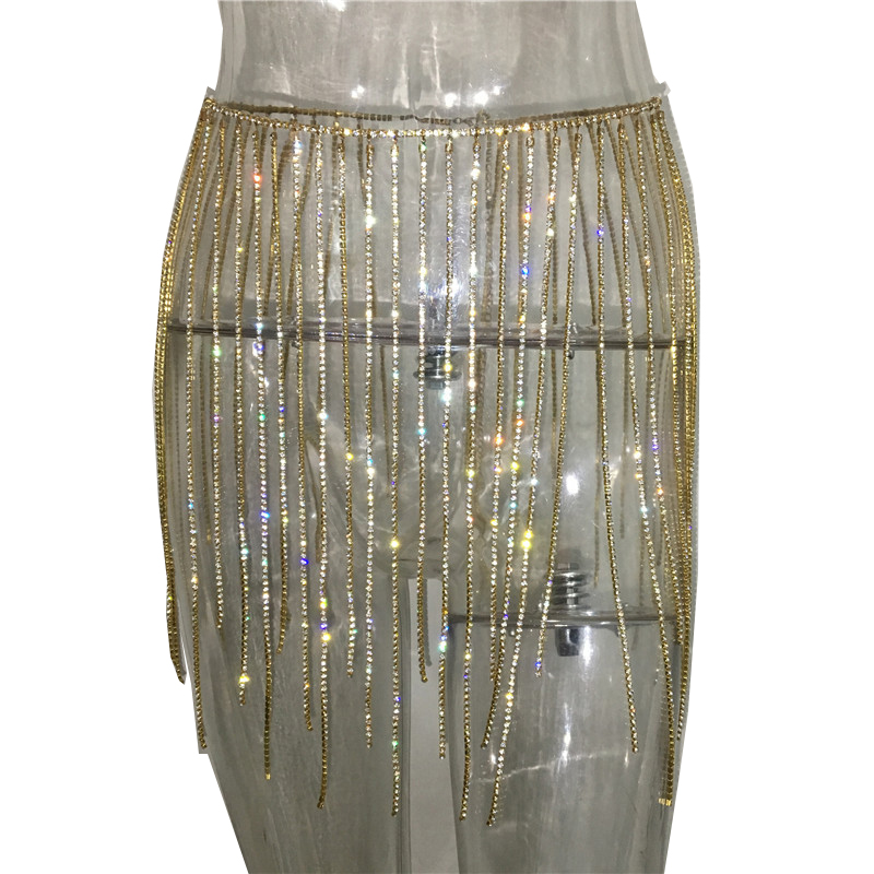 Dance party evening Metallic Fringe Skirt Waist Chain Rhinestone Encrusted Drop Dangle Belly Chain Belt