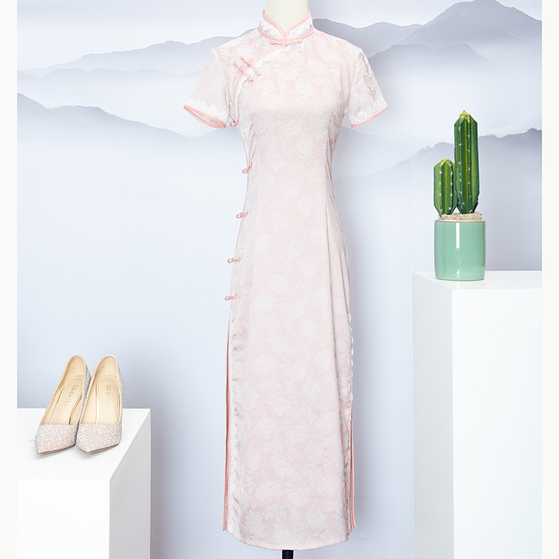 Unique Design Hot Sale Pink Elastic Jacquard Qipao Dress Sexy Chinese Cheongsam Long