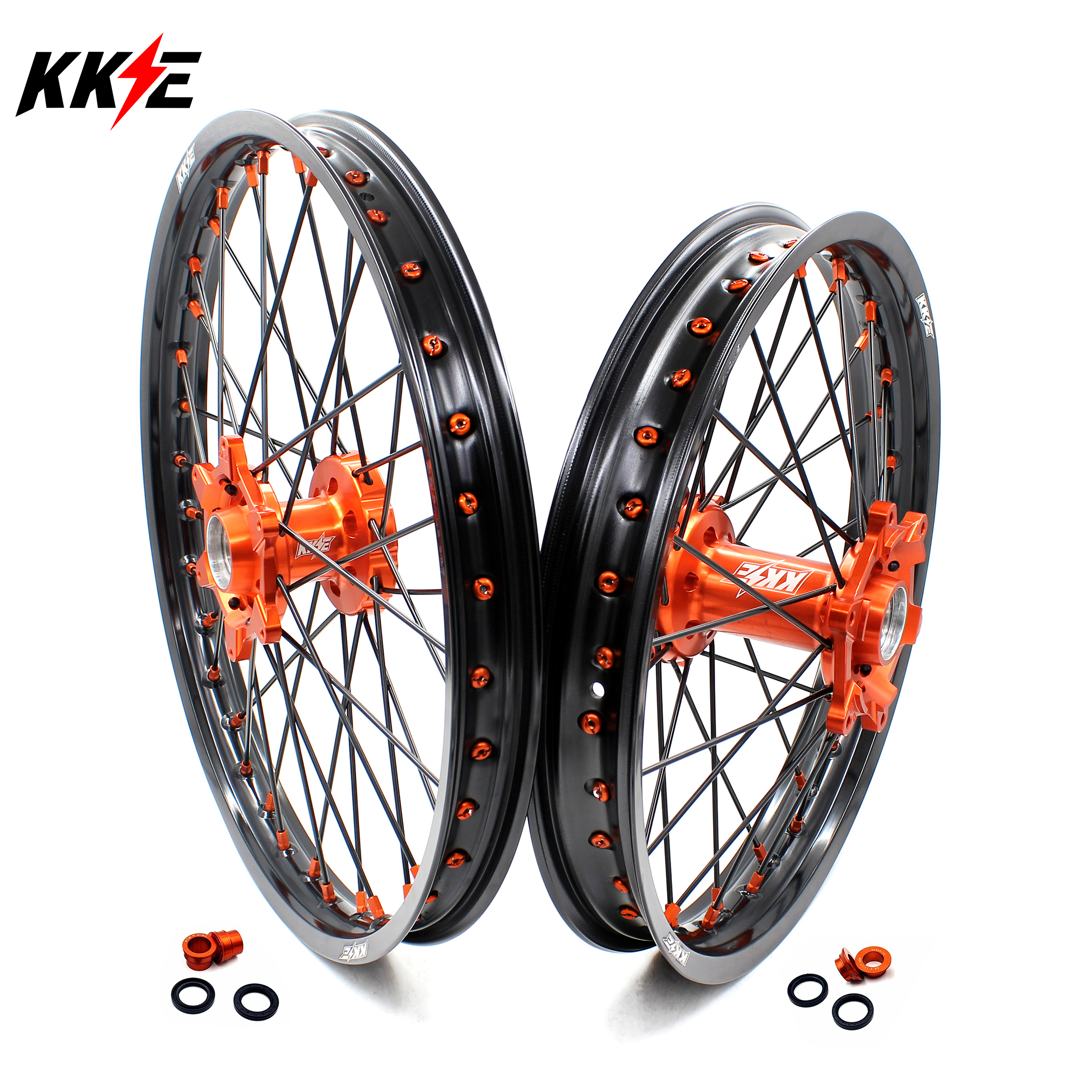 KKE 21/19 Motorcycle CNC MX Wheels compatible with KTM 125 450 EXC SMC SXF Orange Hub Black Rim Orange Nipple Black Spoke