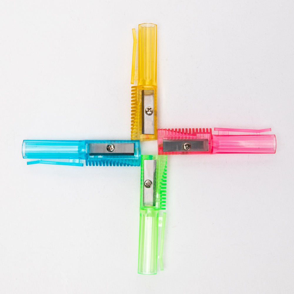 unique design transparent custom color pink creative pencil sharpener with pen cap