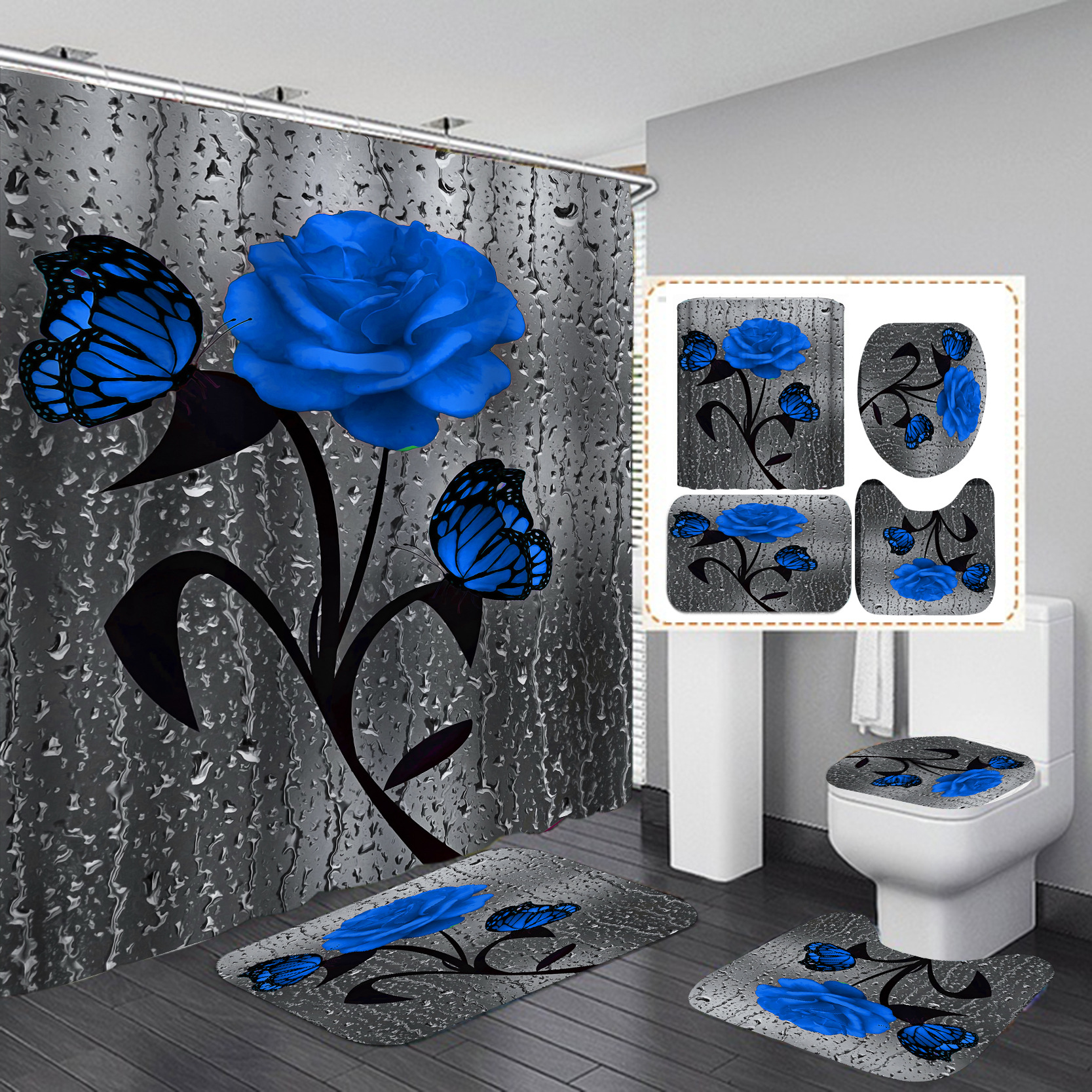 Hot waterproof 3d shower curtain 4 pieces designer shower curtain bathroom mat set with shower curtain