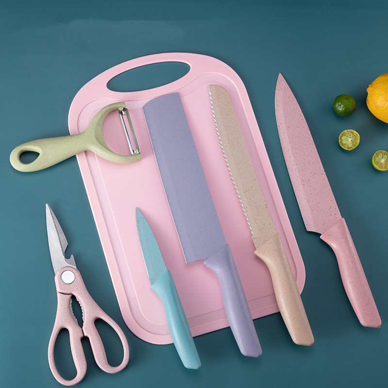 DYS061 6pcs Colorful Fruit Vegetable Knife Chef Bread Peeler Knife Scissor Kitchen Stainless Steel Wheat Straw Knives Set