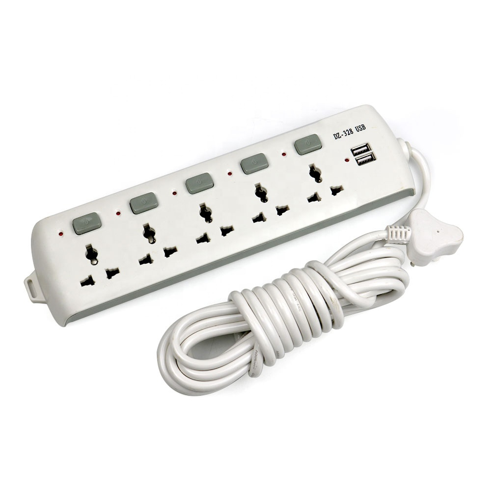 5 outlet Universal electrical multi socket extention cord sockets power strip with dual USB charger