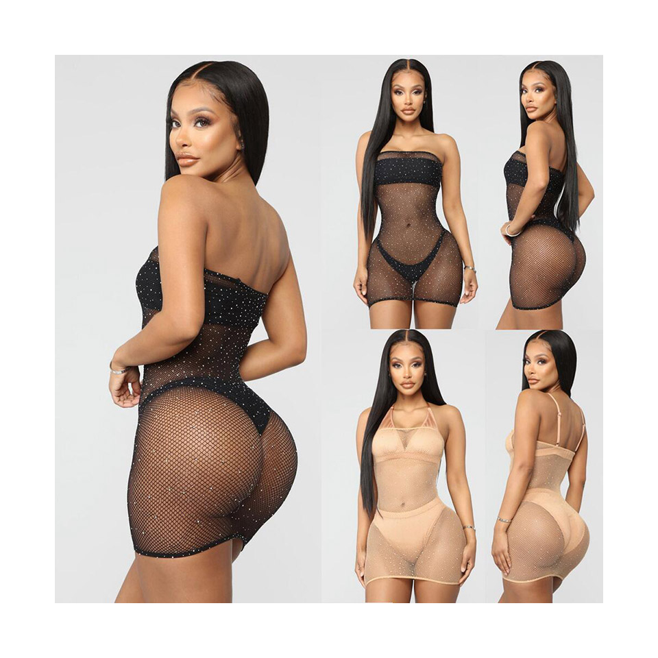 Sexy Mini Rhinestone Nets Full Tights Body Stocking Lingerie Women Polyester Seamless Body Stocking Dress