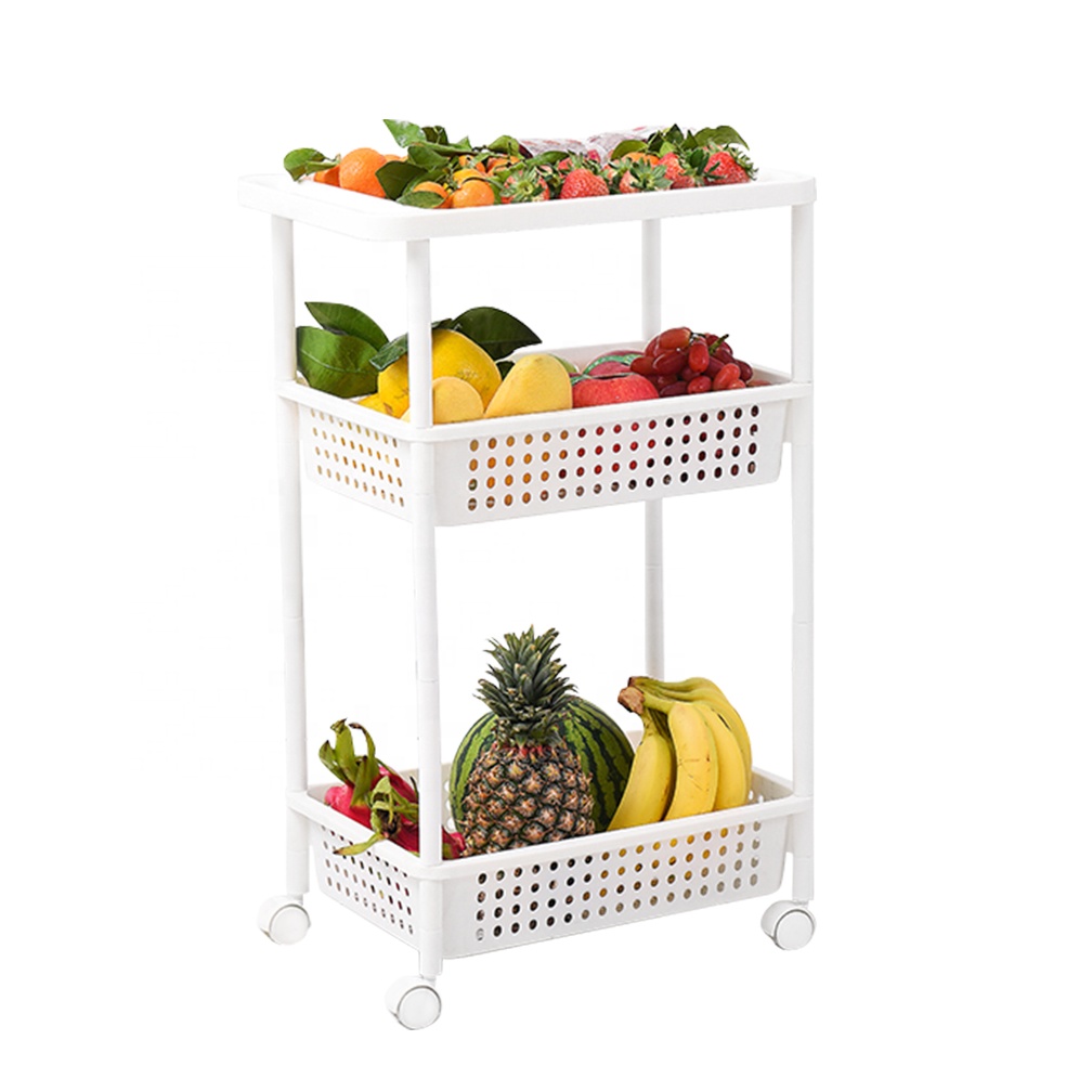 BAOYOUNI 3 Tiers Plastic Kitchen Organizer Rack Movable Wheels Vegetable Food Storage Trolley Slim Cart with Draining Hole