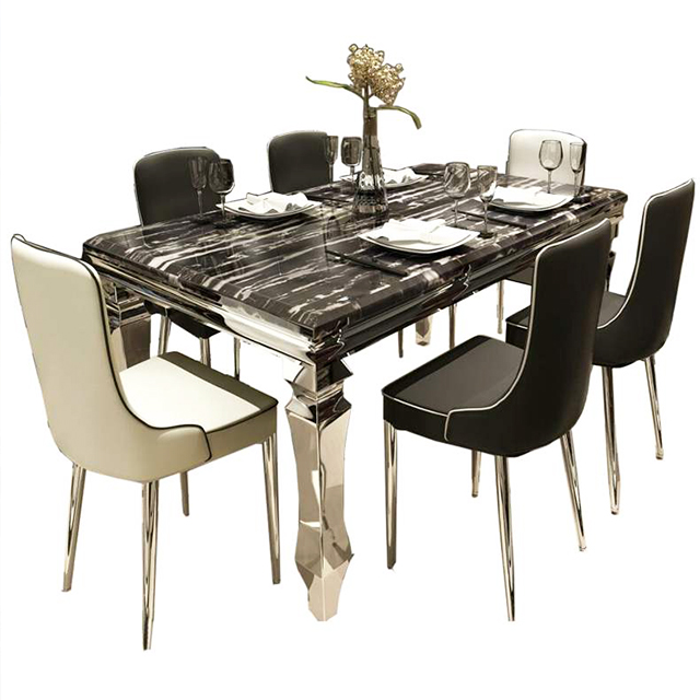 Household minimalist design dining room furniture marble top stainless steel dining table set