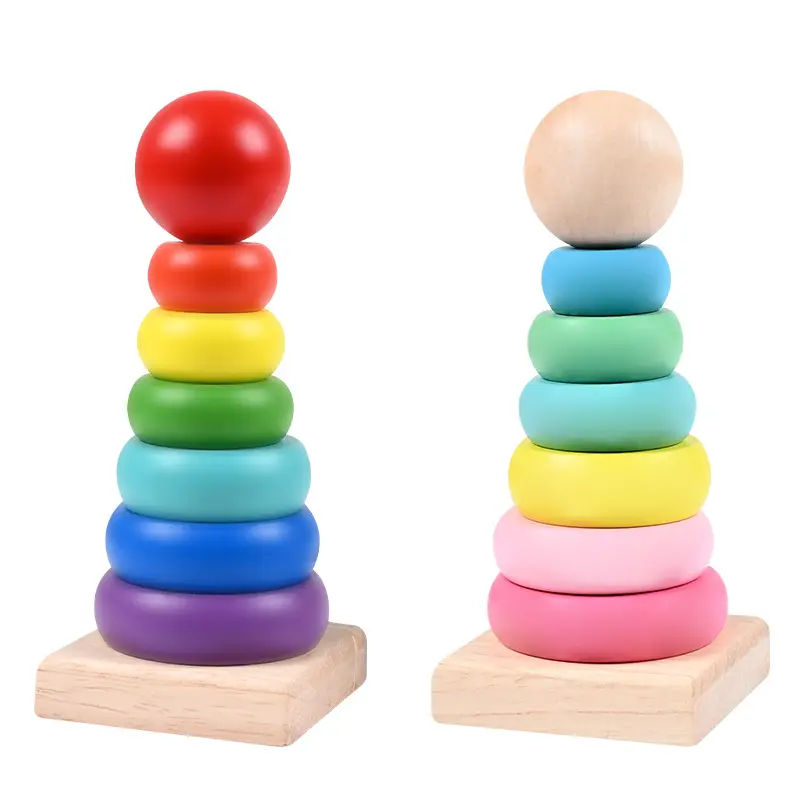 Cheap wooden baby rainbow tower parent-child fun interactive set tower baby cognitive size color educational children's toys