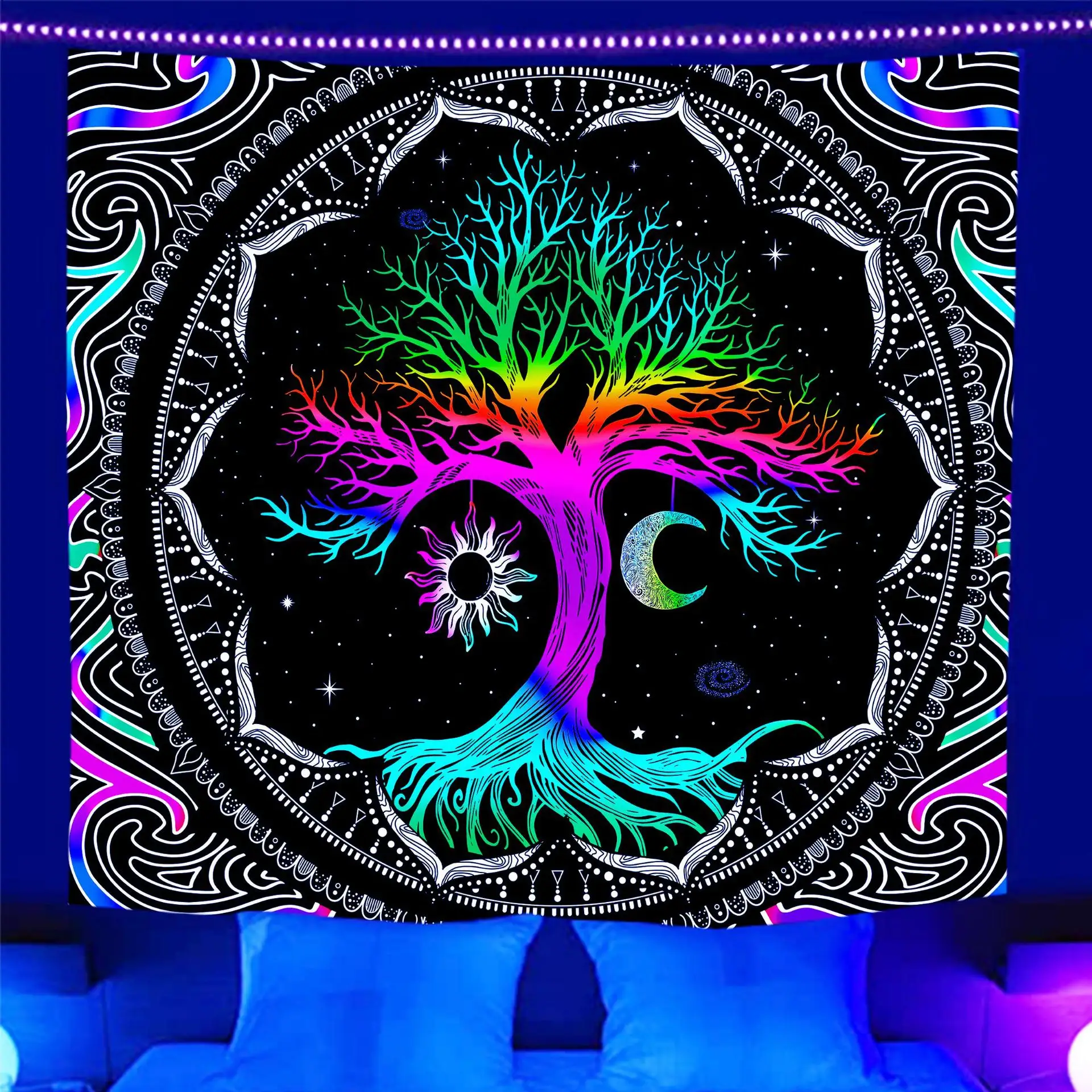 Fluorescent Mushroom Wall Hanging Tapestry Nature Art Starry Sky Galaxy Psychedelic Carpet Indian Mandala Dark Glowing Tapestry