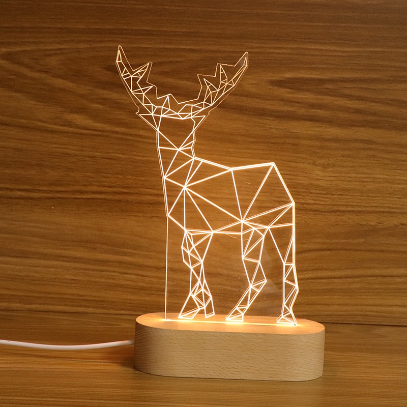 Creative Gift Room Decoration USB Charge Wooden 3D Carved Outside Acrylic Table Lamp For Kids