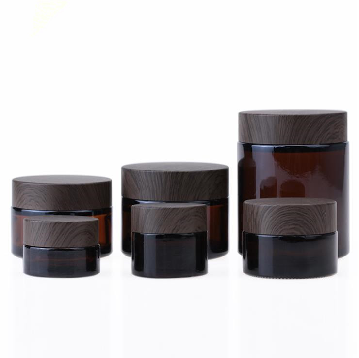 in stock, 5g 10g 15g 30g 50g 100g amber glass cream jar with wood grain cap for eye/face cream