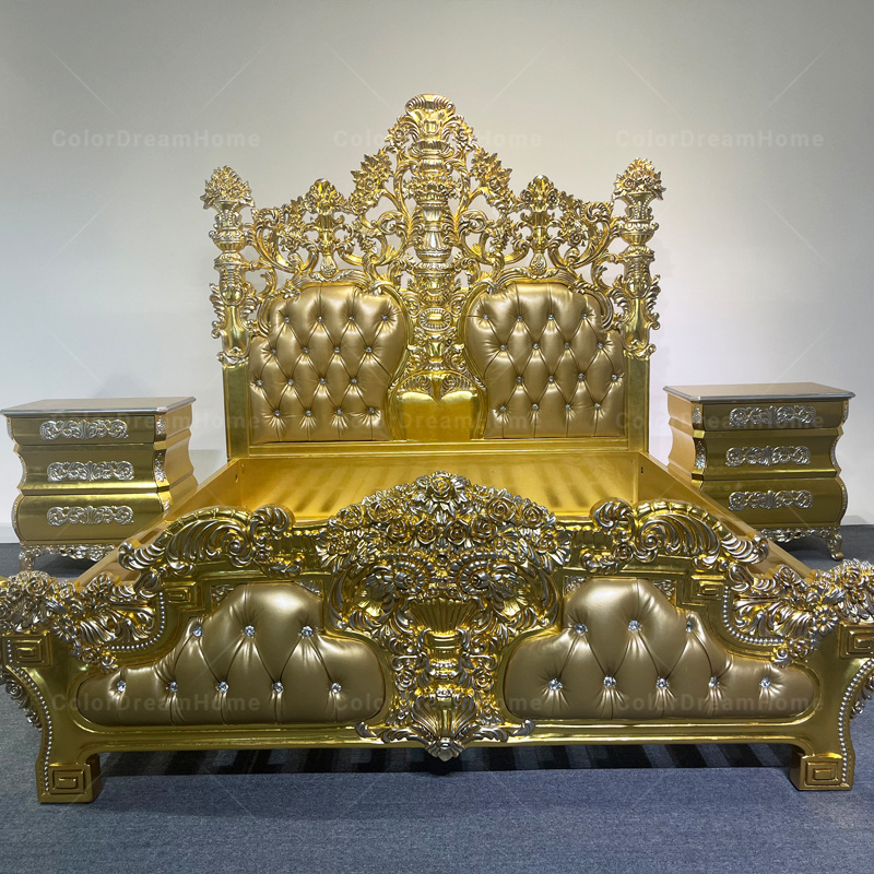 Custom Victorian style Rococo Bedroom Furniture Leather King Size Bed Luxury Bedroom Set Gold