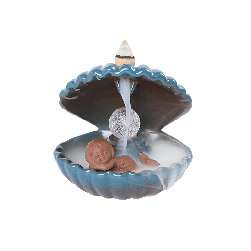 Led Light Up Pearl Mermaid Sleeping on Shell Ceramic Backflow Incense burner For Home Decor