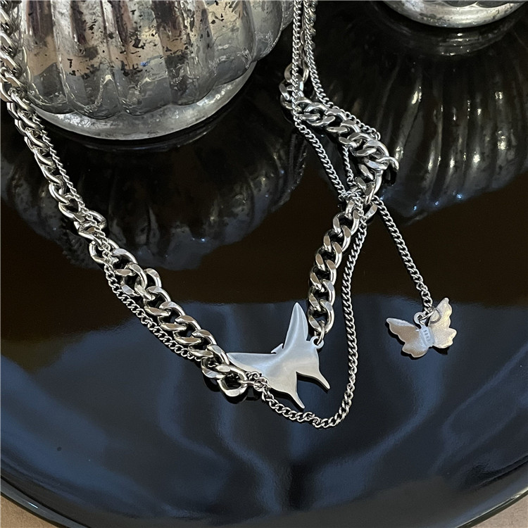 Punk Women's Personality Necklace Accessories Hip Hop Stainless Steel Double Layer Miami Cuban Chain Butterfly Choker Necklaces