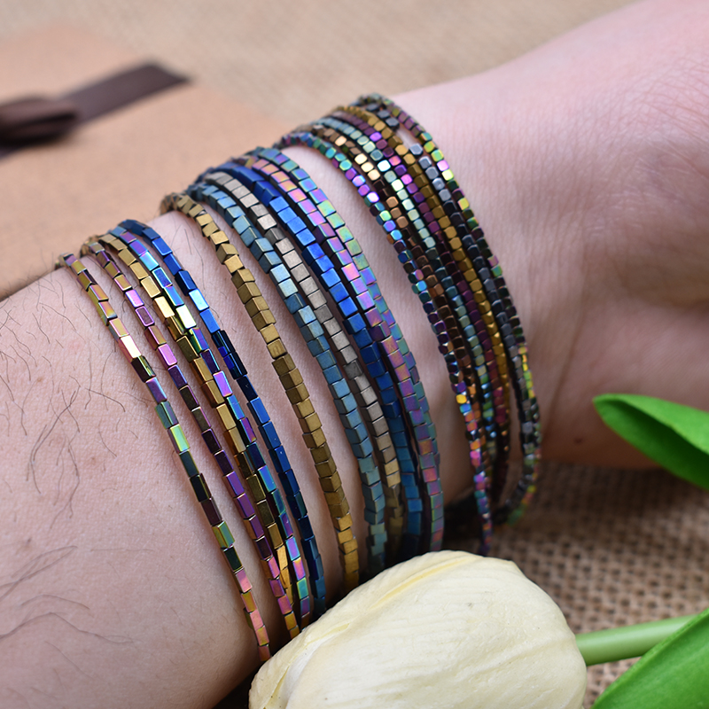 Wholesale 1.5mm Natural Stone Hematite Faceted chamfer Square Loose Beads Plated color square beads For Jewelry Making