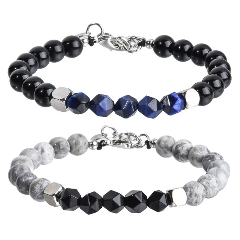 Stainless Steel Chain Copper Beads Strong Charm Men'S Bracelet Leather Bracelet Agate Crystal Tiger Eye Stone Beaded Bracelets
