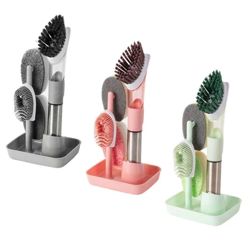 Rust-free Non-Slip Kitchen Handle Round Wood Pulp Cotton PP TPR Brush Head Scrubbing Cleaning Brush for Cleaning Dishes and Pots