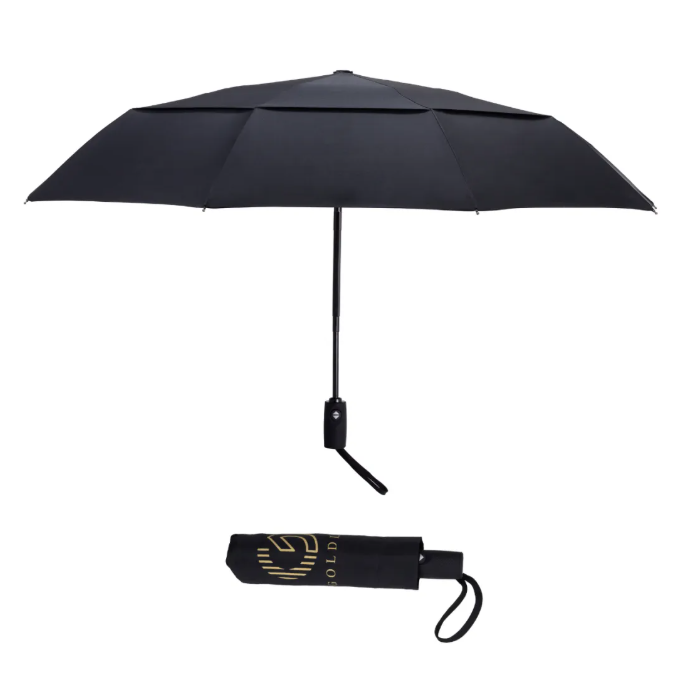 RTS black color auto open /close double layer 3 fold windproof umbrella with rubber coated handle.