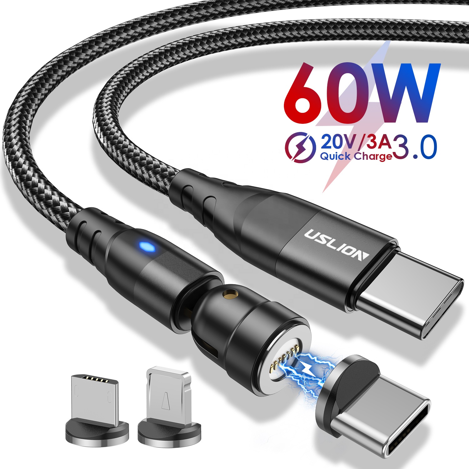 USLION 60W 3 IN 1 Magnetic Cable Quick Charge PD Fast Charging Type C to Type C Cable Data Charger Cable For iPhone For MacBook